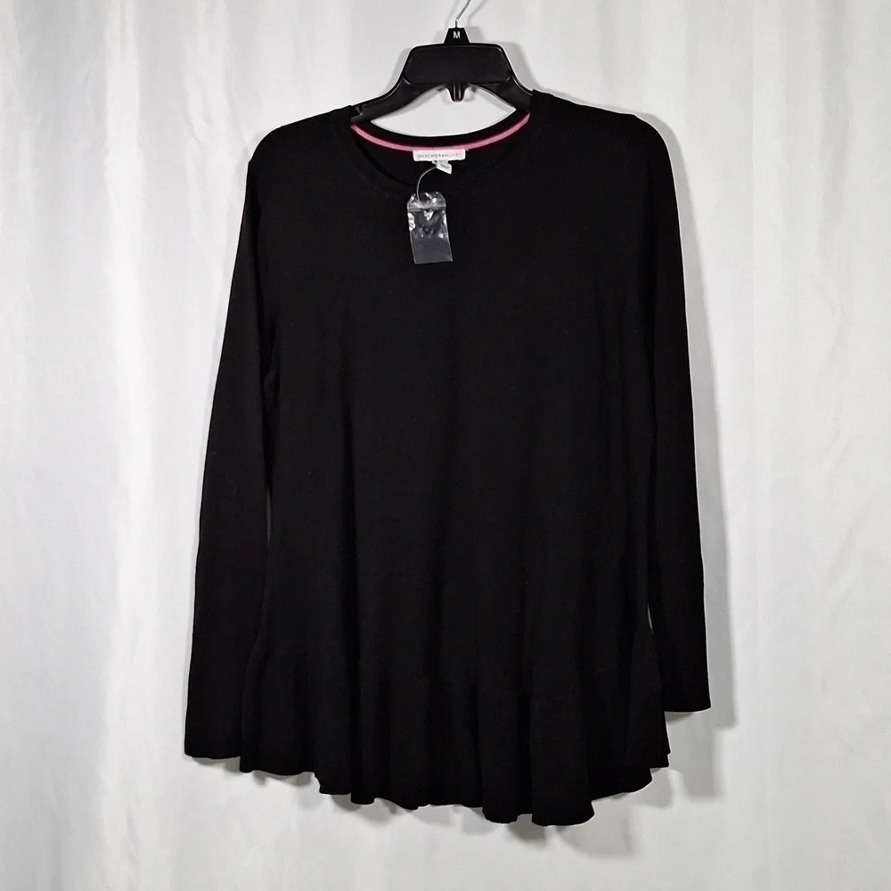 💚 Isaac Mizrahi Live Sweater Tunic Top Women's  Black Ruffle Flare Hem